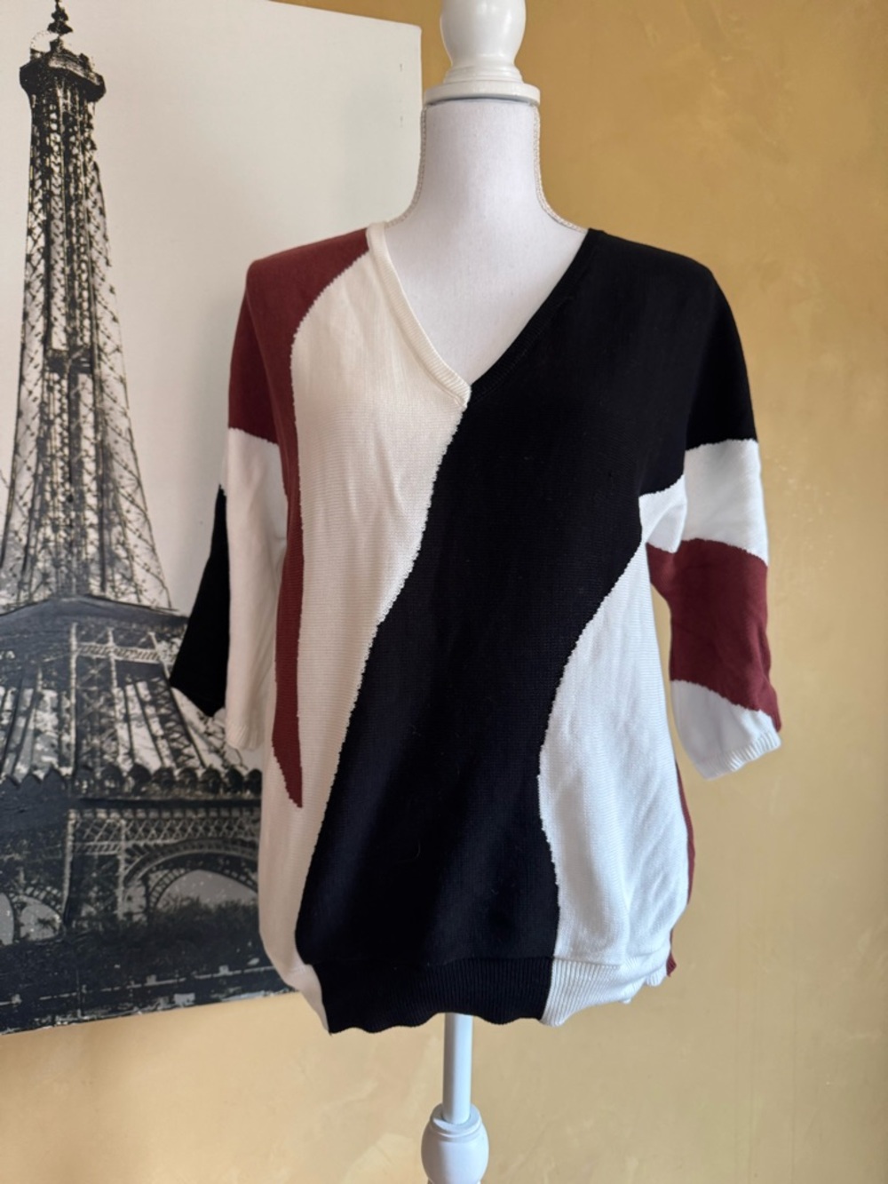 Chico's Colorblock V-Neck Sweater - Black, White & Brown